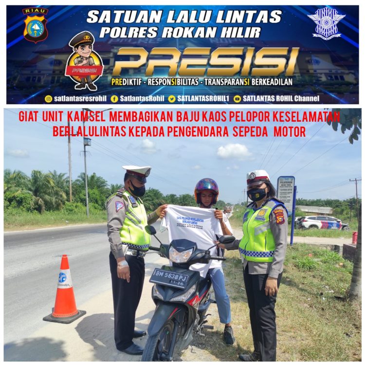 Satlantas Polres Rohil Bagikan 5 Helm SNI dan 5 Kaos Pelopor ke Pengguna Septor
