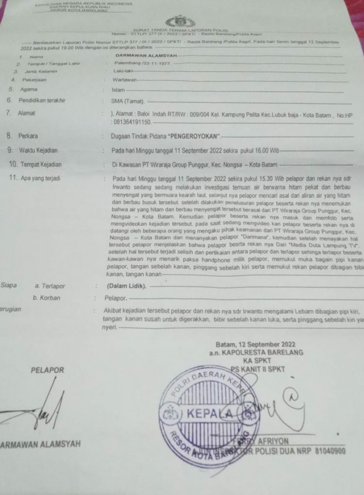 DPP  GWI  Mengutuk Keras Pelakuan  Penganiayaan  2 Wartawan  Kota Batam, Terkait Liputan Limbah Hitam Berucun, Polres Balerang Harus Tangkap Pelaku