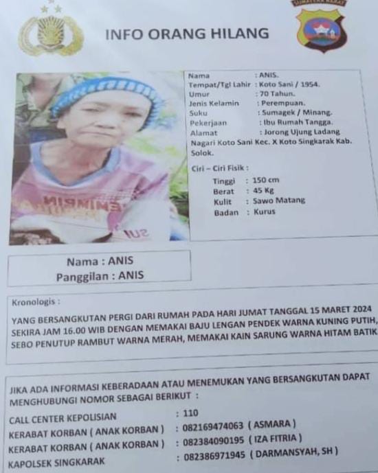 Warga Jorong Ujung Ladang Nagari Koto Sani Nenek Anis (70Thn) Hilang Misterius Sudah Seminggu dan Sudah Lapor Polisi Serta BNPB