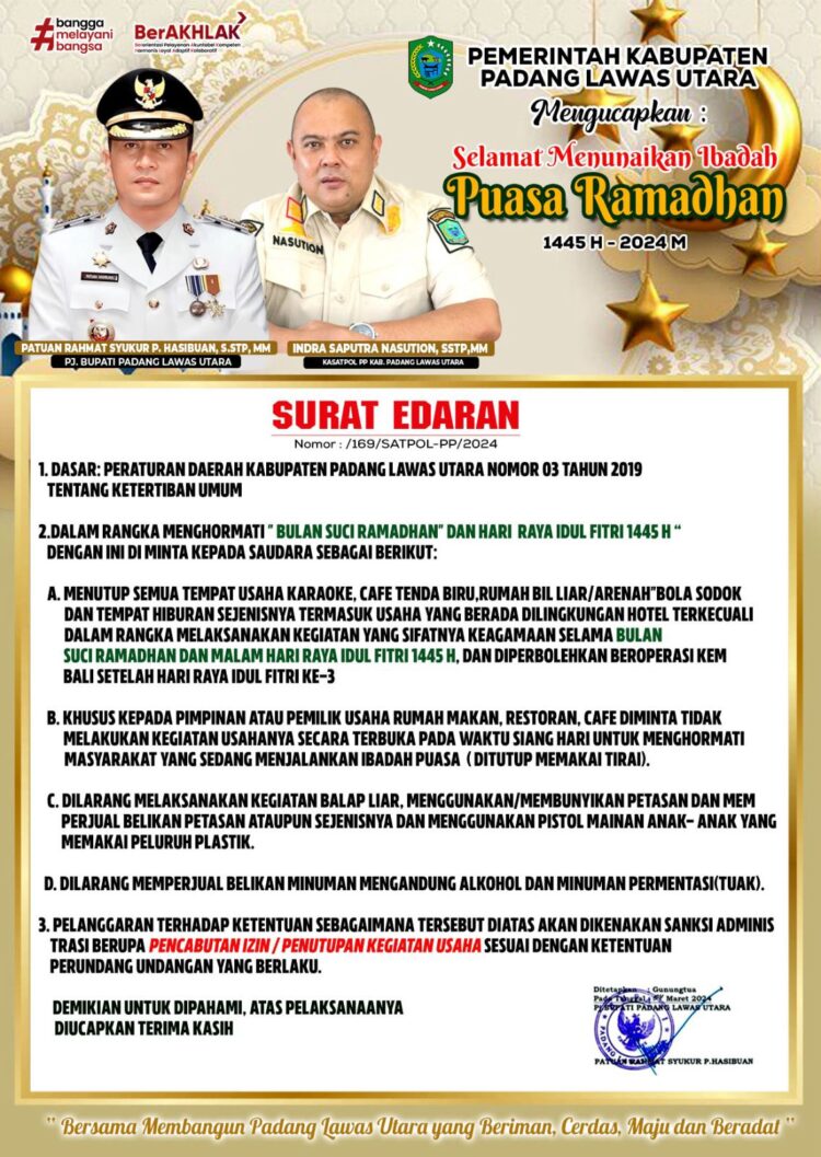 Pemerintah Kabupaten Padang Lawas Utara, Mengucapkan Selamat Menunaikan Ibadah Puasa Ramadan 1445 H 2024 M