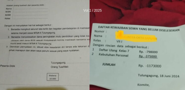 Komite MTsN  6 Tulungagung  diduga Lakukan Pungutan Berdalih Daftar Ulang Tanpa Kwitansi